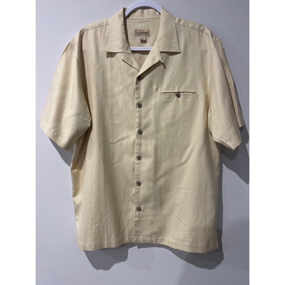 Island Paradise Mens 100% Silk Herringbone Camp Shirt Cream Short Sleeve Medium